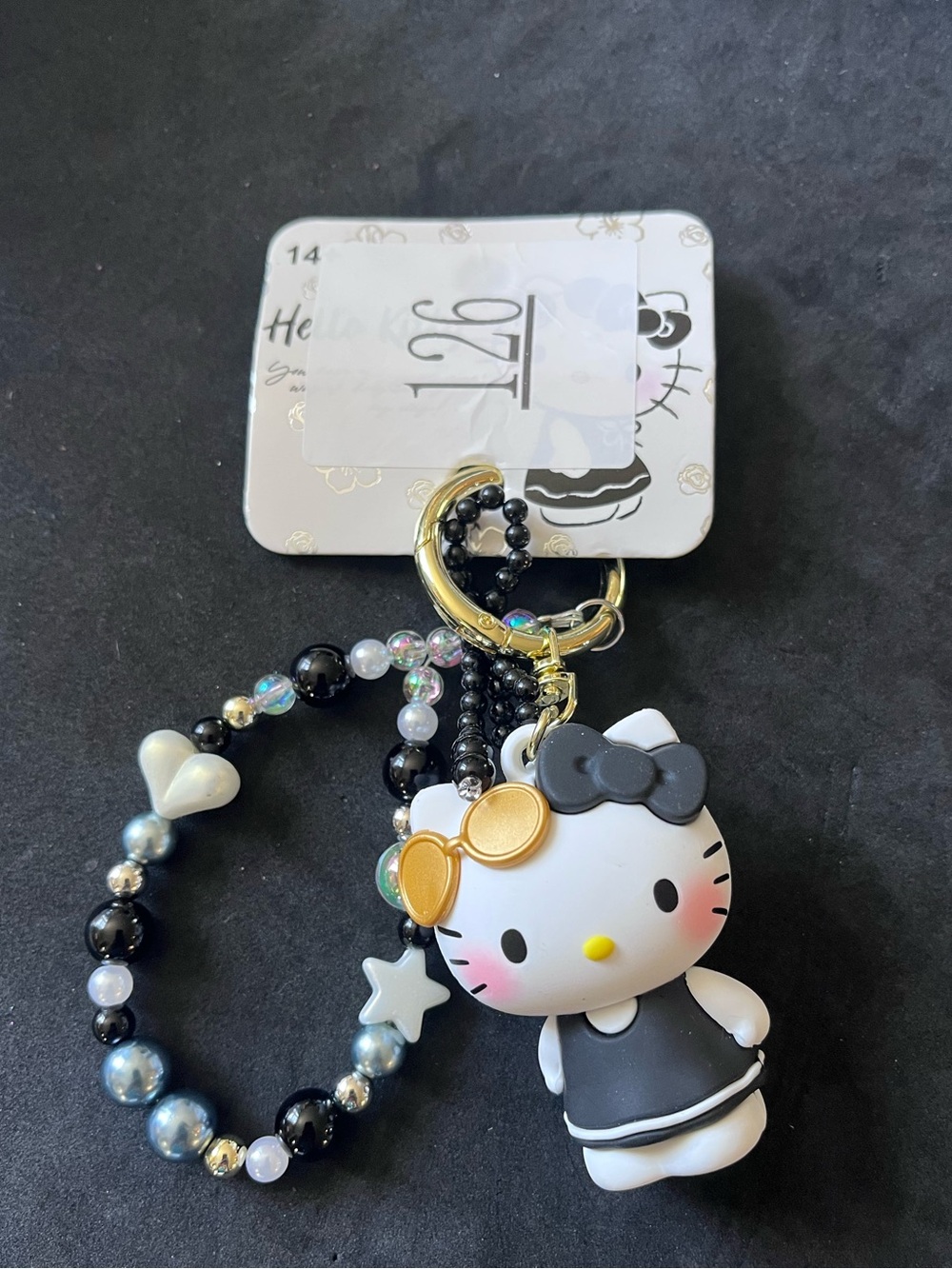 Hello Kitty Black, White & Gold Beaded Wrist Keychain